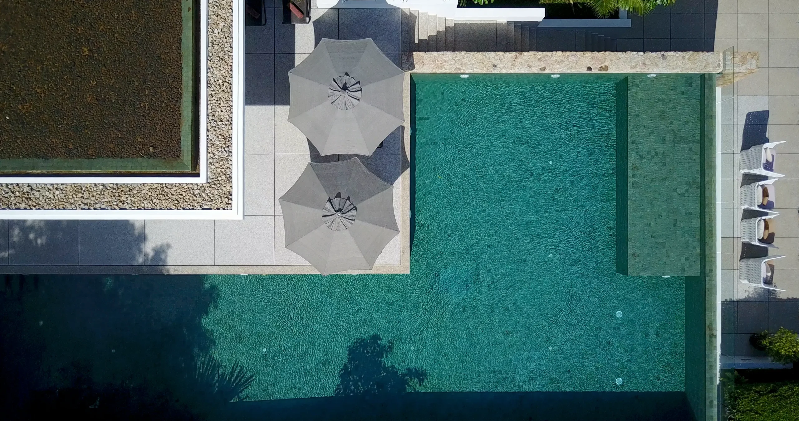 Aerial view of villa estate with pool and sun terrace, Choeng Mon, Koh Samui