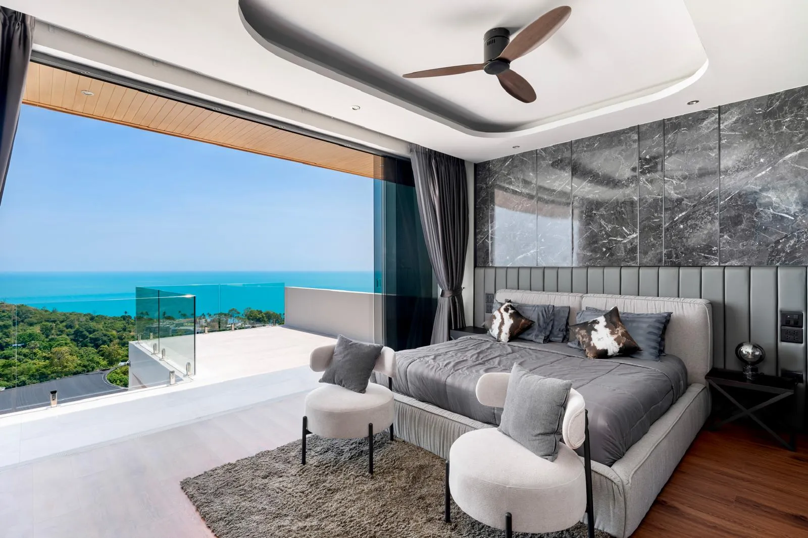 Modern bedroom with balcony overlooking Gulf of Thailand, Taling Ngam west coast, Koh Samui